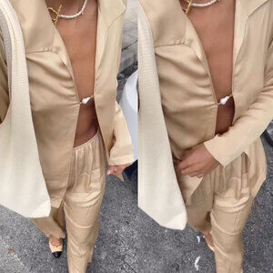 DONNI. NWT Silky Baroque Pearl Long Sleeve Top in Oat Gold Size XS